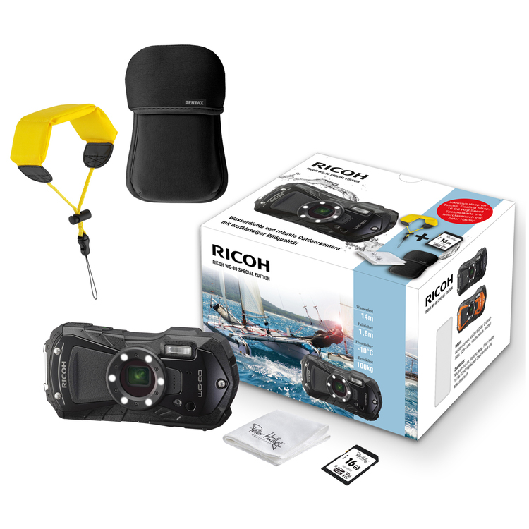 Ricoh WG-80 Special Edition schwarz inkl. Neoprencase+Strap+PH 16GB SD-Karte